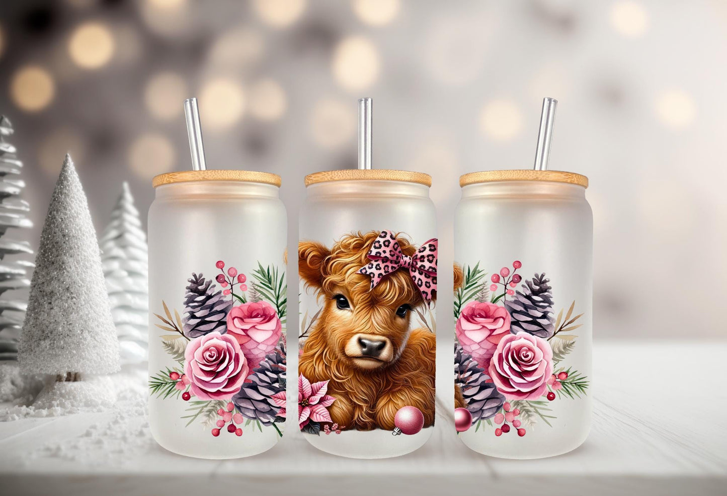 16oz Can Glass Wrap - Highland Cow Pink Floral Pine Cone Design, Permanent Adhesive