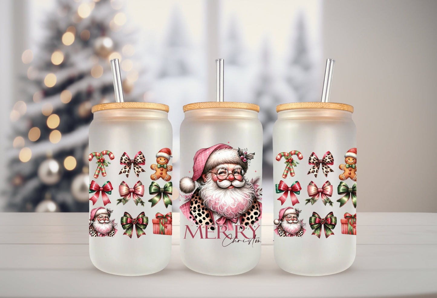 UVDTF Wrap Santa Merry Christmas Coquettes Bows 16oz Can Glass, Mug, Tumbler, Ready to Apply, Permanent Waterproof Adhesive
