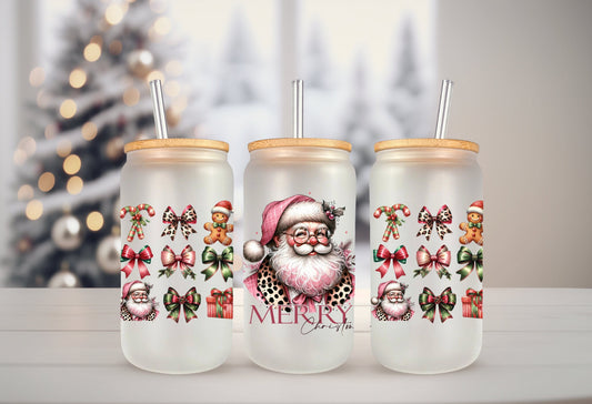 UVDTF Wrap Santa Merry Christmas Coquettes Bows 16oz Can Glass, Mug, Tumbler, Ready to Apply, Permanent Waterproof Adhesive