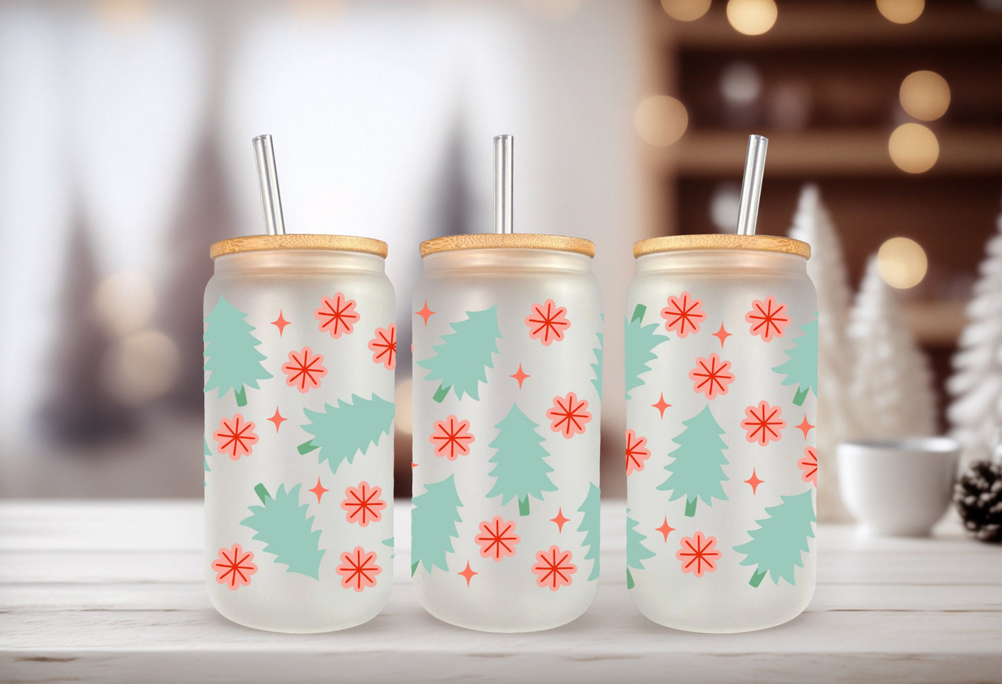 UVDTF Wrap Christmas Tree Snowflakes for 16oz Can Glass Mug Tumbler, Ready to apply, Waterproof Permanent Adhesive