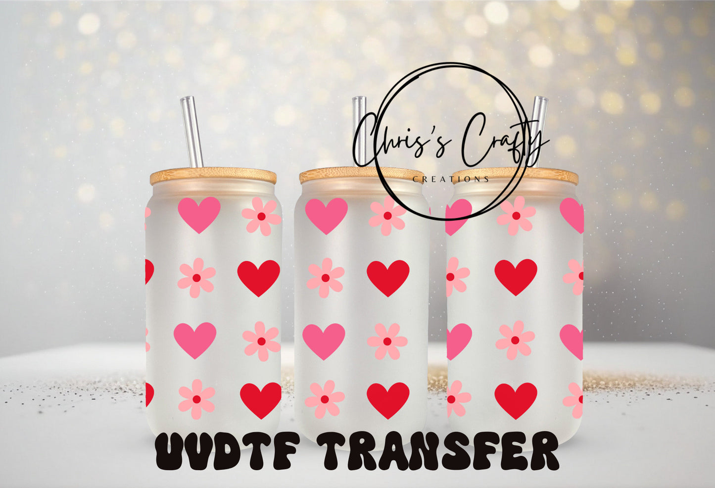 UVDTF WRAPS Valentine Red Hearts XOXO Bundle Set of 4 for 16oz Can Glass Mug Tumbler, Ready to Apply, Permanent Waterproof Adhesive