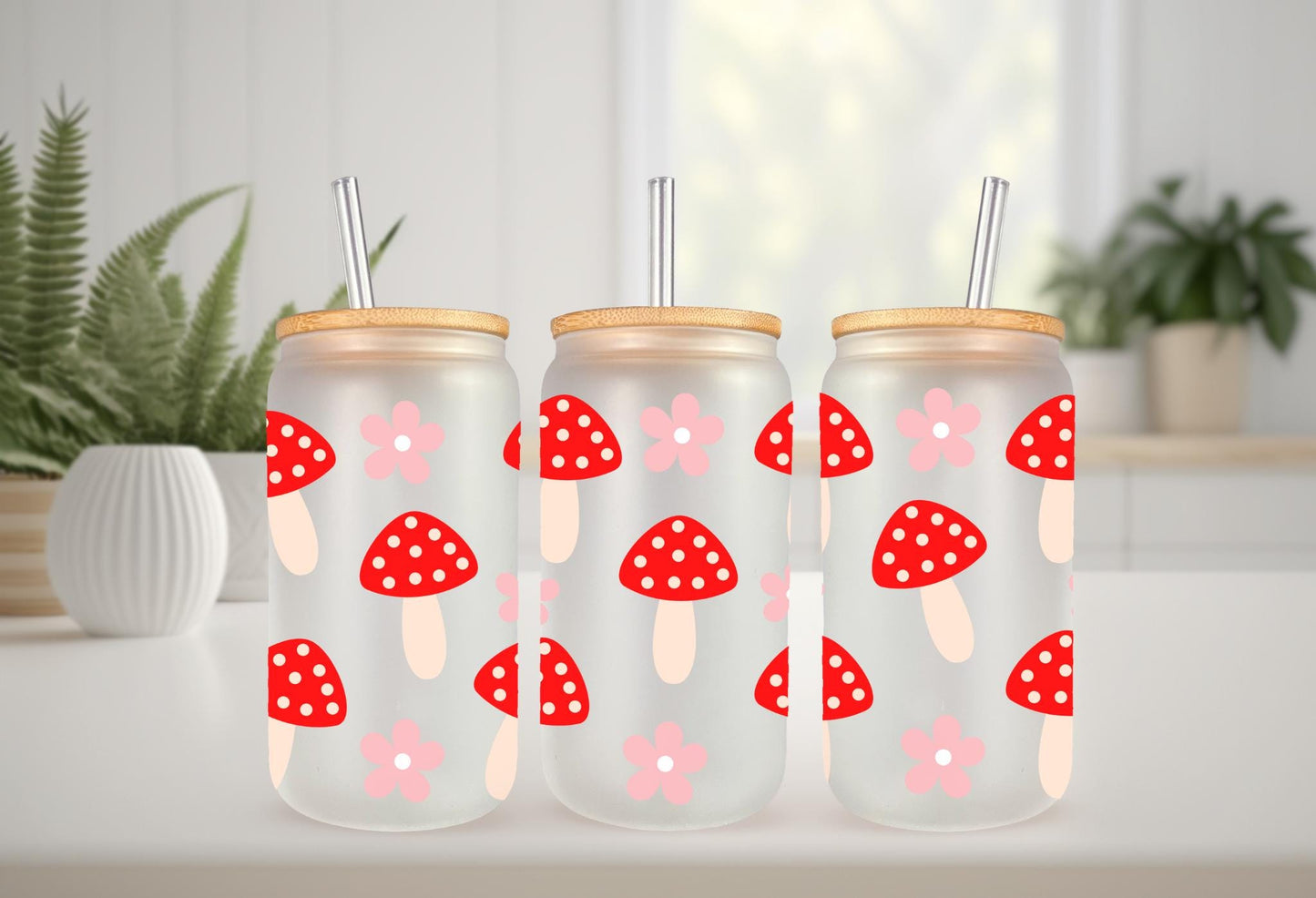 UVDTF Wrap Red Mushrooms Floral 16oz Can Glass Mug Tumbler, Mushroom Floral Wrap, Ready to apply, Permanent Waterproof Adhesive