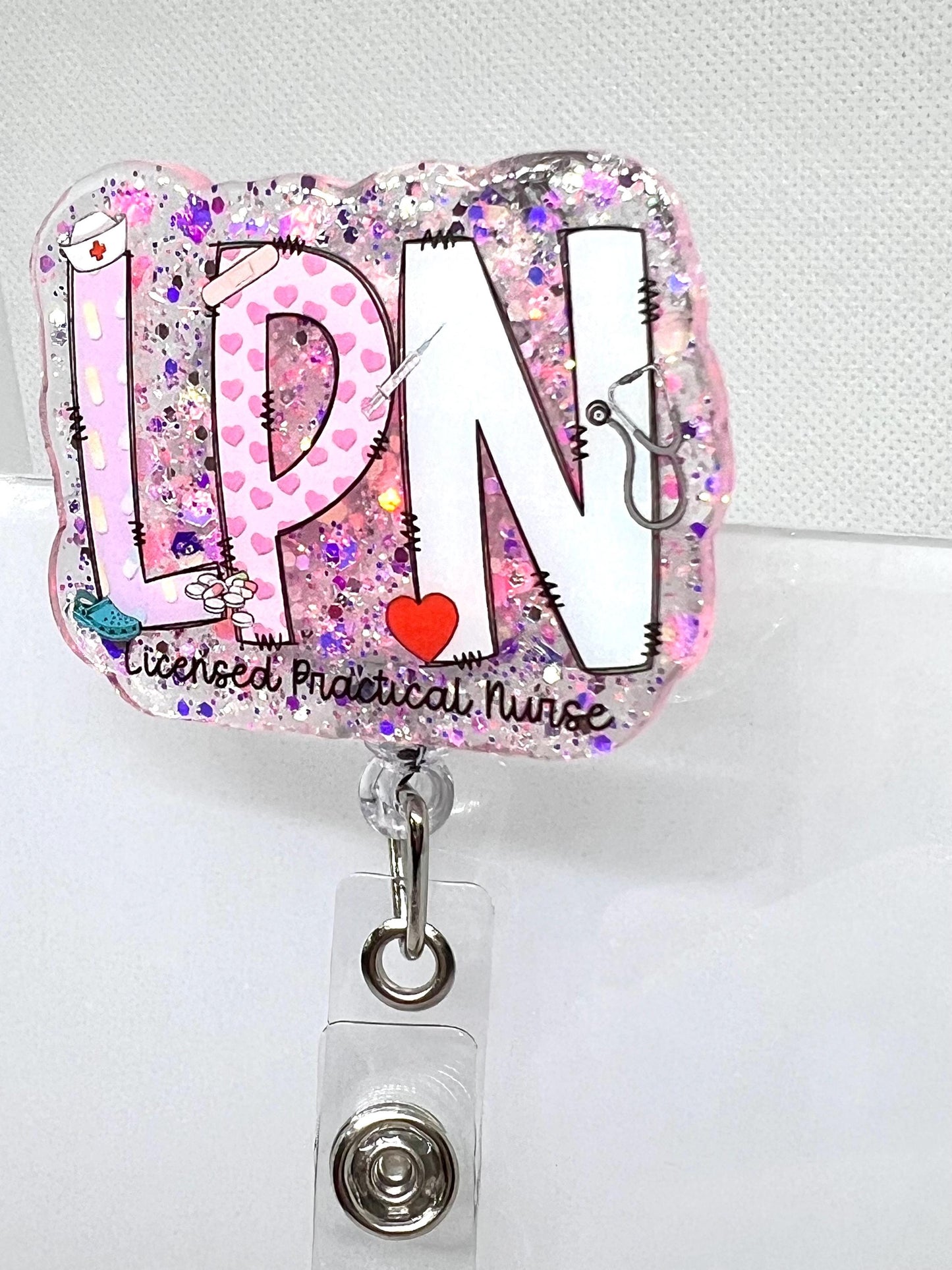 Glittery LPN Badge Reel – Pastel Badge, and Heart Design for Licensed Practical Nurses, Retractable ID Holder