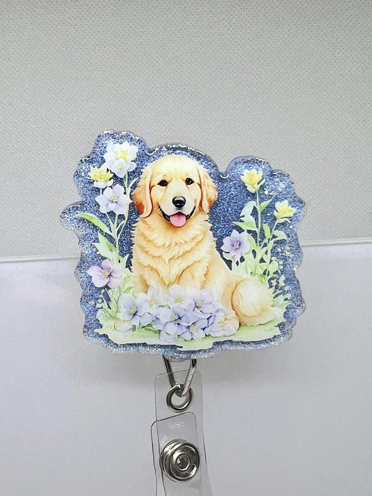 Golden Retriever Badge Reel – Glittery Blue Design with Floral Accents for Dog Lovers and Professionals, Gifts for Her, Graduation Gift