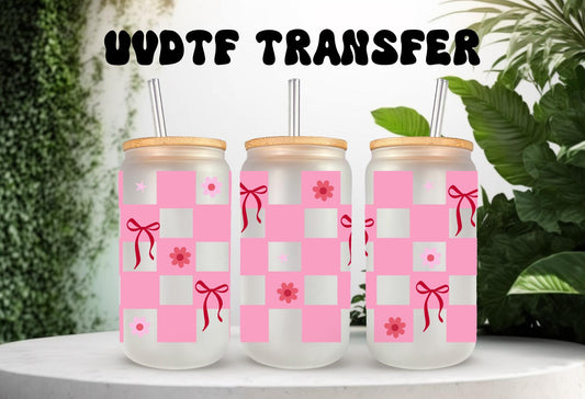 UVDTF Wrap Coquette Bows Checkered Dark Pink 16oz Can Glass Wrap Mug Tumbler, Ready to Apply, Permanent Waterproof Adhesive