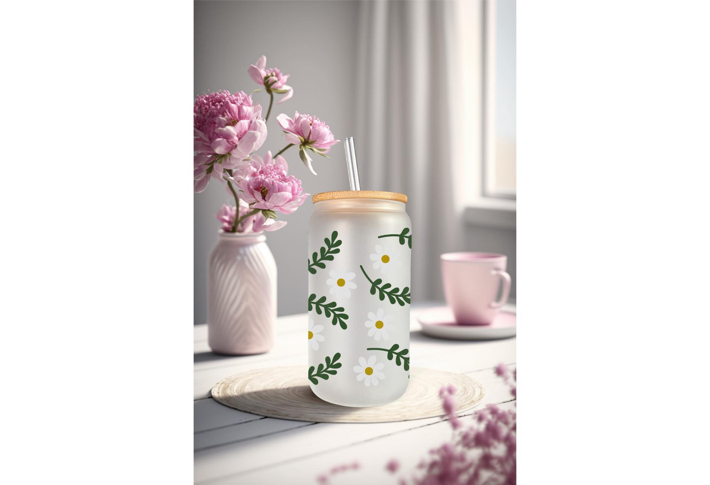 UVDTF Wrap Garden Daisy 20oz Can Glass Mug Tumbler, Floral Wrap, Ready to apply, Permanent Adhesive Waterproof, Double Sided Option