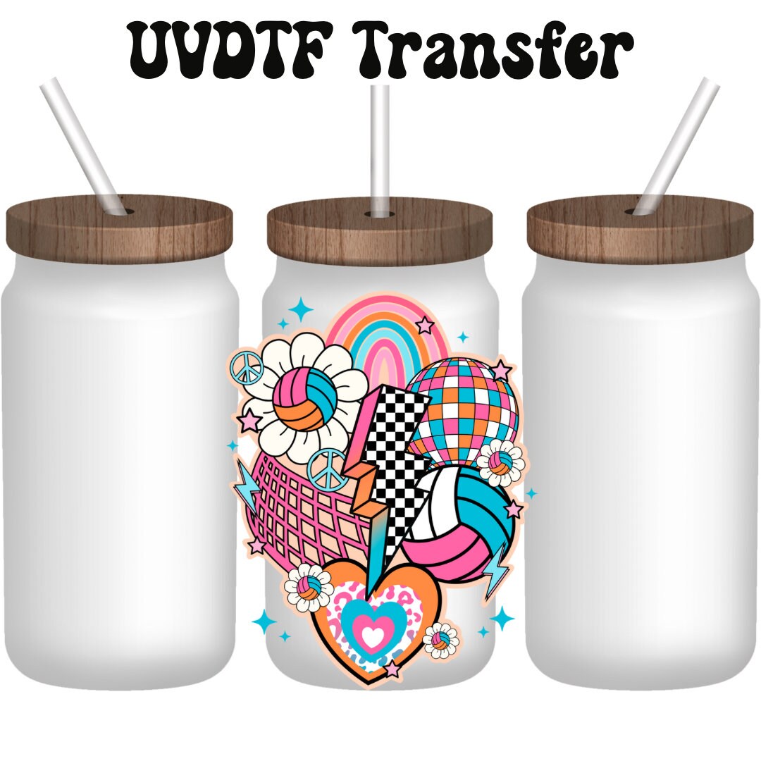 UVDTF Decal Retro Volleyball Collage 16oz Can Glass Mug Tumbler, Shot glass, Keychain, Ready to Apply, Permanent Adhesive Waterproof