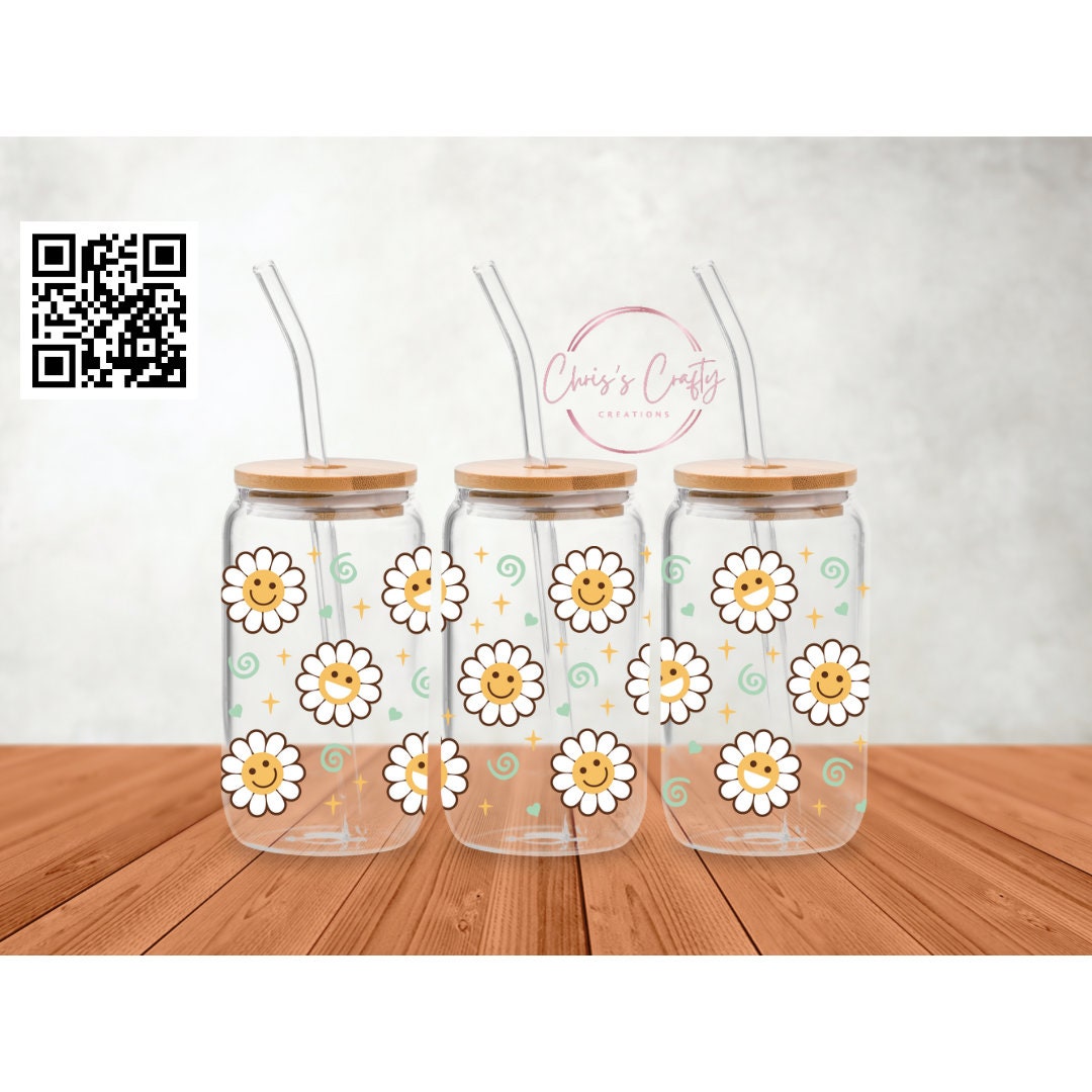 UVDTF Wrap Happy White Daisies for 16 oz Can Glass Mug Tumbler, Daisy Wrap, Ready to apply, Permanent Adhesive Waterproof, Add on a cup