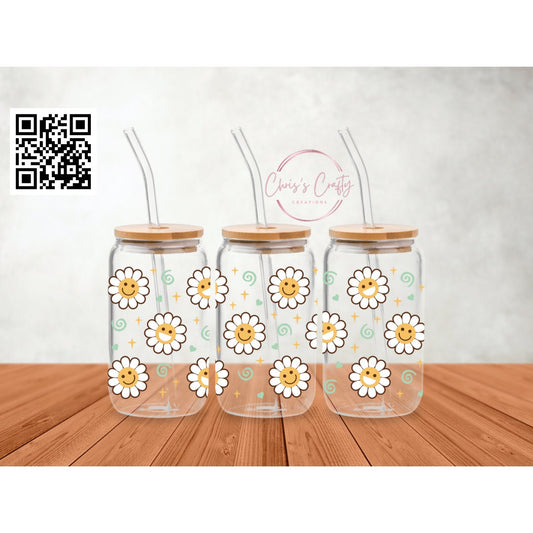 UVDTF Wrap Happy White Daisies for 16 oz Can Glass Mug Tumbler, Daisy Wrap, Ready to apply, Permanent Adhesive Waterproof, Add on a cup