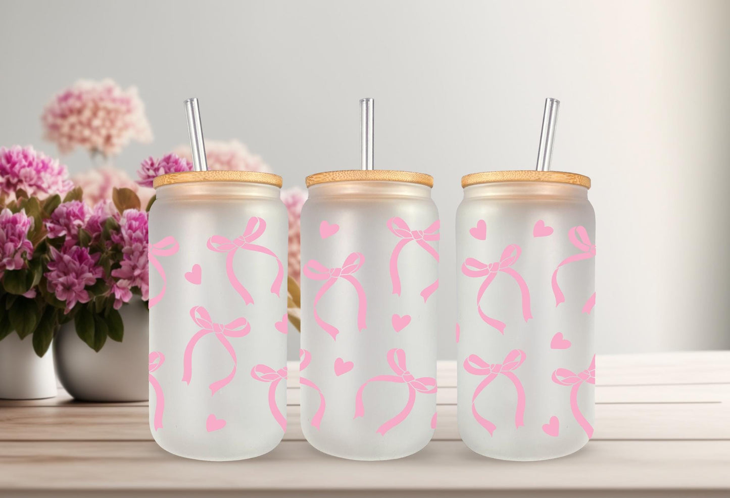 UVDTF Wrap Coquette Bows Hearts Pink 20oz Can Wrap Mug Tumbler, Bow Heart Wrap, Ready to Apply, Permanent Waterproof Adhesive