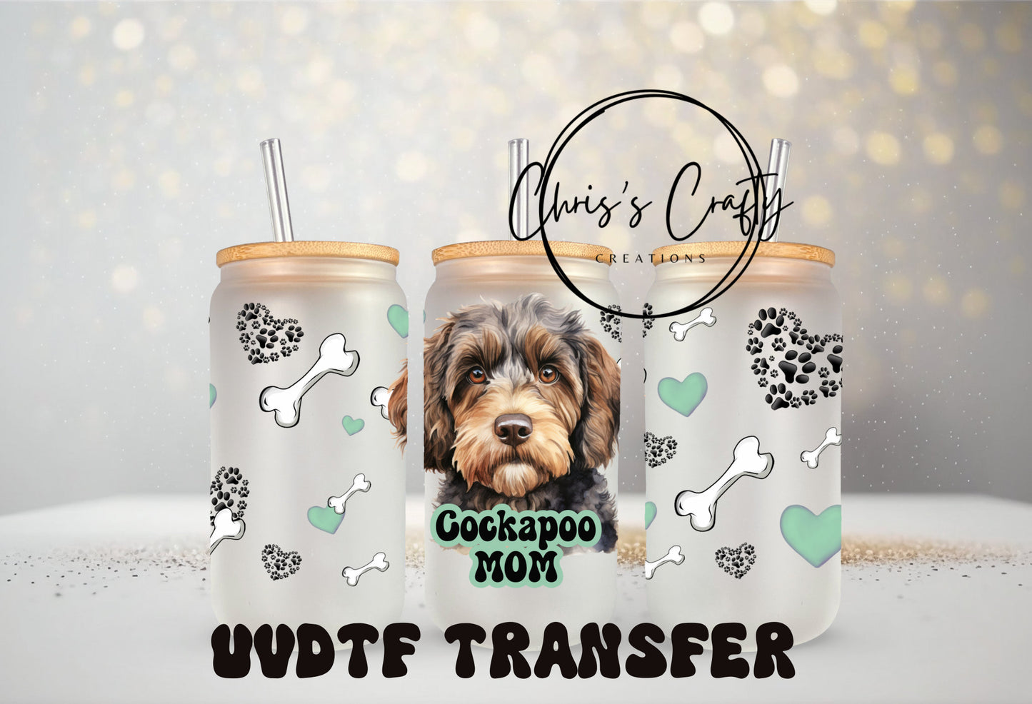 UVDTF Wrap Cockapoo Mom 16oz Can Glass Mug Tumbler, Dog Mom Dad, Ready to Apply, Permanent Waterproof Adhesive