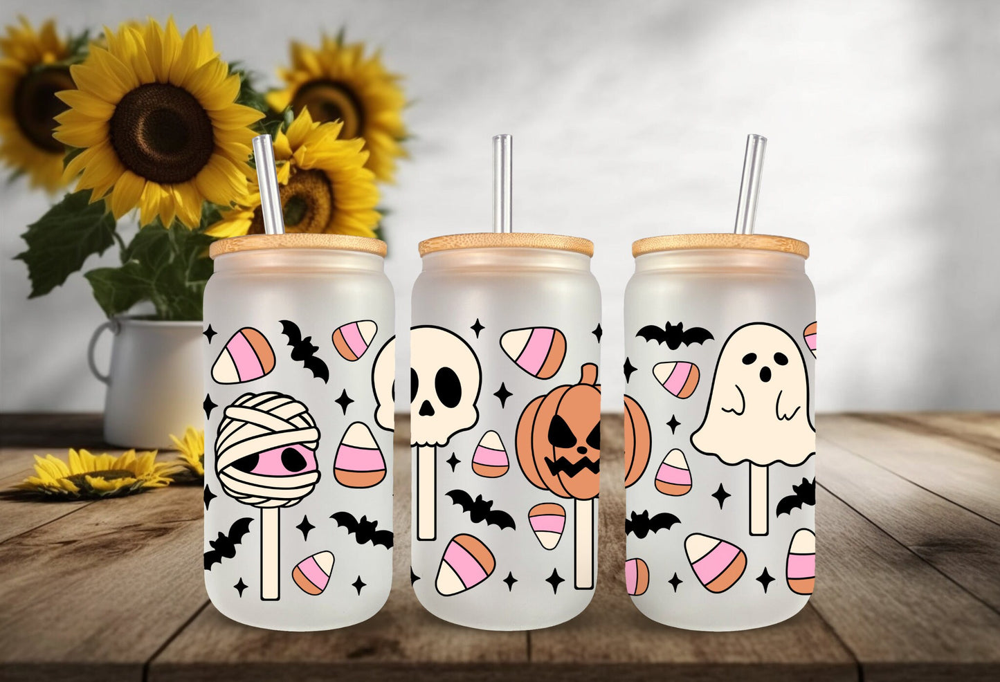 UVDTF Wrap Halloween Sweet Candy 16 oz Can Glass, Mug, Tumbler,Ready to Apply, Permanent Adhesive, Double Sided Print