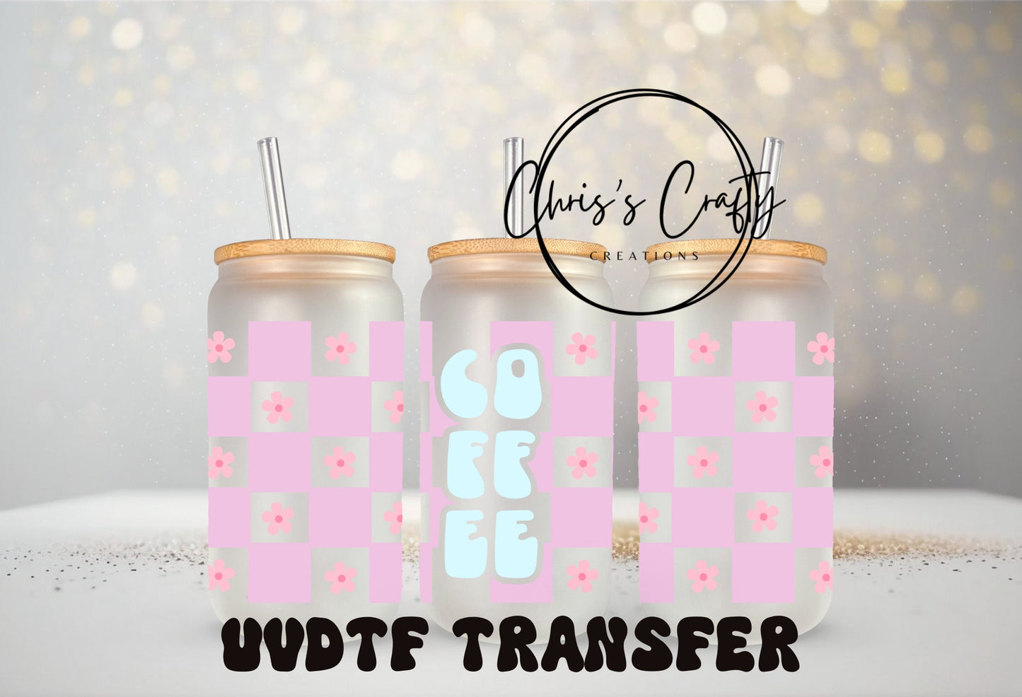 UVDTF Wrap Retro Checker Coffee 16 oz Can Glass Mug Tumbler, Coffee Wrap, Ready to Apply, Permanent Waterproof Adhesive