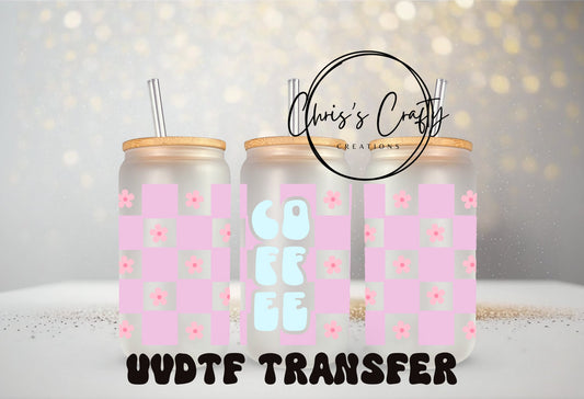 UVDTF Wrap Retro Checker Coffee 16 oz Can Glass Mug Tumbler, Coffee Wrap, Ready to Apply, Permanent Waterproof Adhesive