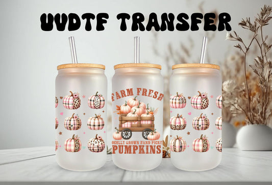 UVDTF Wrap Farm Fresh Pumpkins for 16oz Can Glass or 40oz Tumbler, Ready to apply, Permanent adhesive, Double Sided option