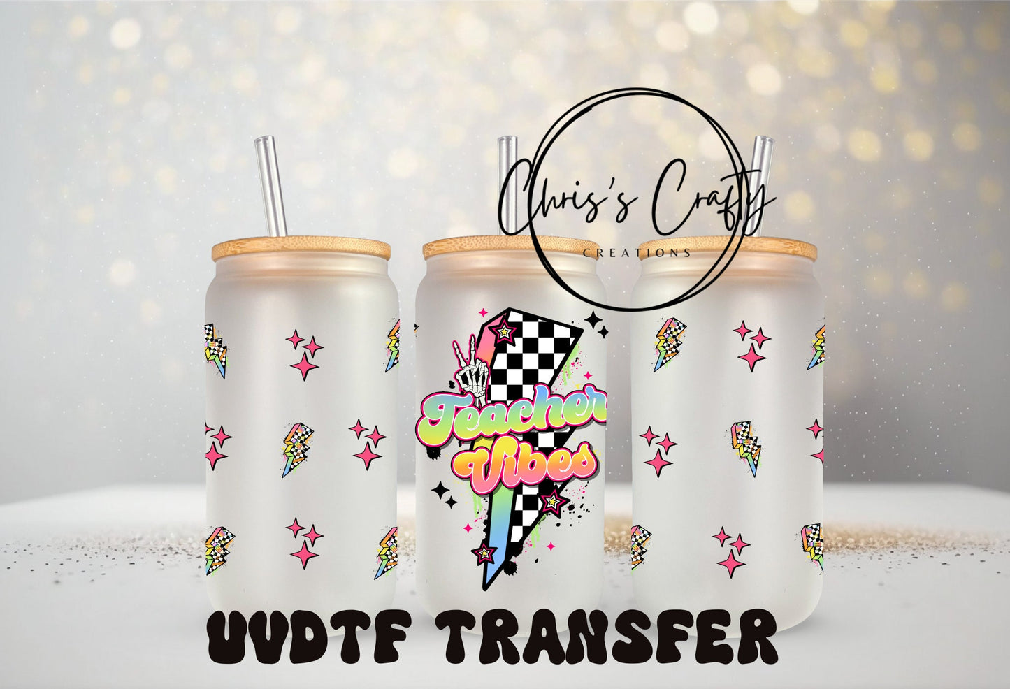 UVDTF ONLY Wrap Retro Teacher Vibes 16oz Can Glass Mug Tumbler, Ready to Apply, Permanent Waterproof Adhesive