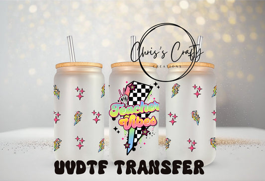 UVDTF ONLY Wrap Retro Teacher Vibes 16oz Can Glass Mug Tumbler, Ready to Apply, Permanent Waterproof Adhesive