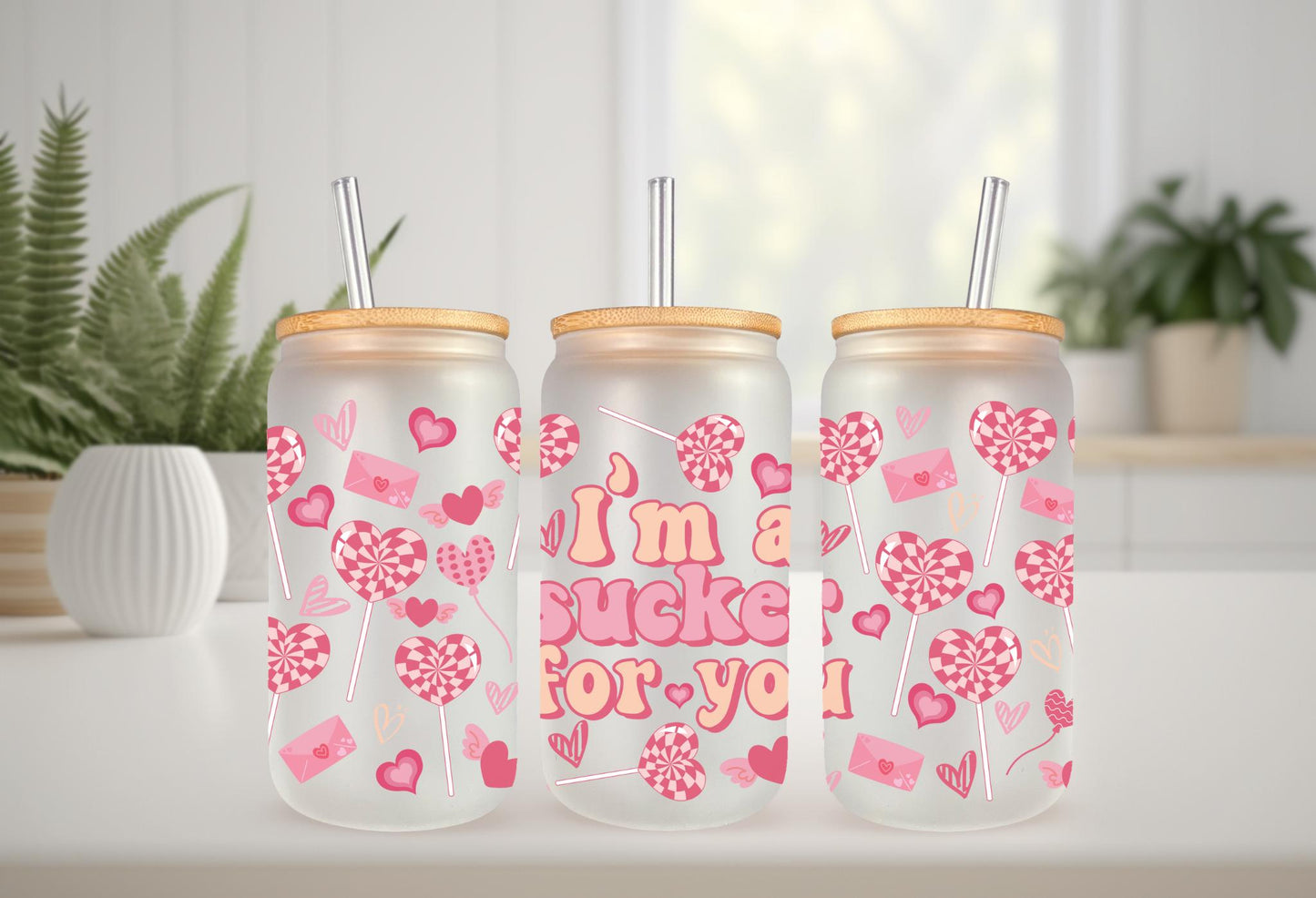UVDTF Wrap Valentine's Sucker For You for 16oz Can Glass Mug Tumbler, Sucker Wrap, Ready to apply, Permanent Waterproof Adhesive