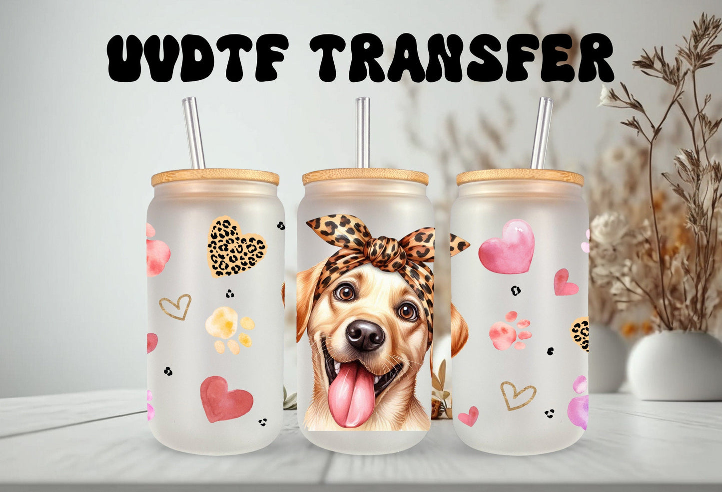 UVDTF Wrap Cute Labrador Yellow 16oz Can Glass Wrap, Mug Tumbler, Ready to apply, Permanent Waterproof Adhesive
