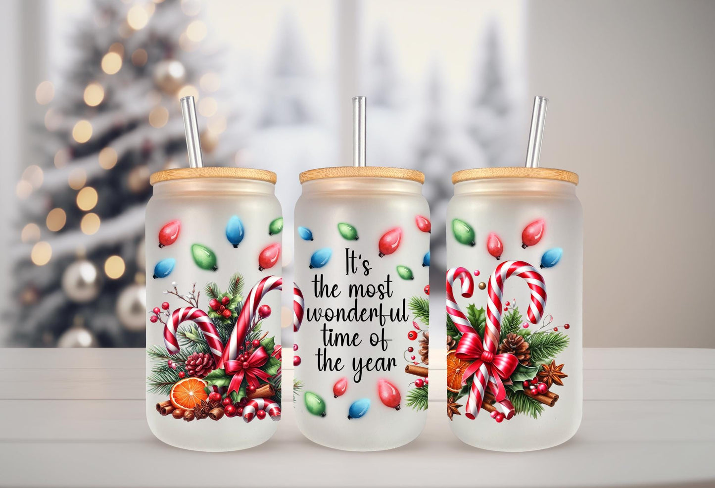 UVDTF WRAP Candy Cane Most Wonderful Time do the Year 16oz Can Glass Mug Tumbler, Ready to Apply, Permanent Waterproof Adhesive