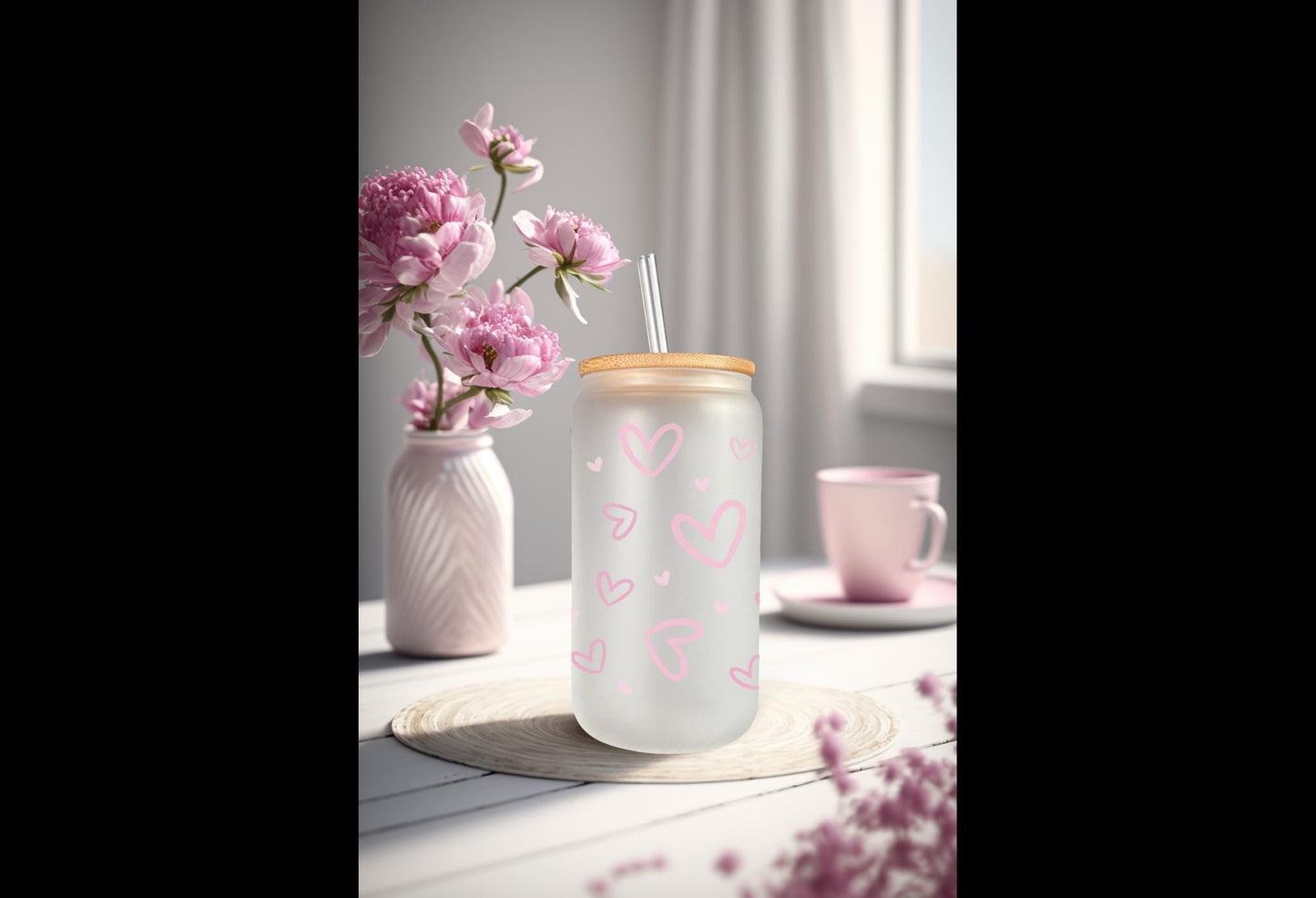 UVDTF Wrap Pink Hearts 16oz Can Glass Mug Tumbler, Valentine Wrap, Ready to Apply, Permanent Waterproof Adhesive, Double Sided Option
