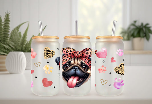 UVDTF Wrap Cute Pug 16oz Can Glass Wrap, Mug Tumbler, Dog Mom, Ready to apply, Permanent Adhesive, Double sided option