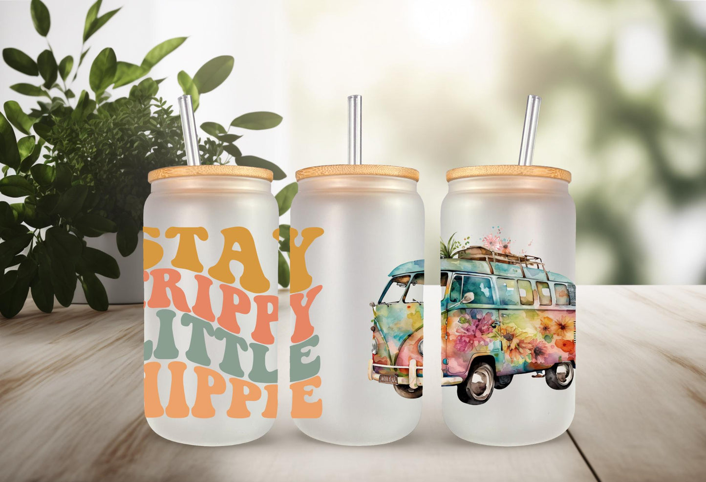UVDTF Wrap Retro Stay Trippie Little Hippie Van 16oz Can Glass Mug Tumbler, Ready to apply, Permanent Waterproof Adhesive