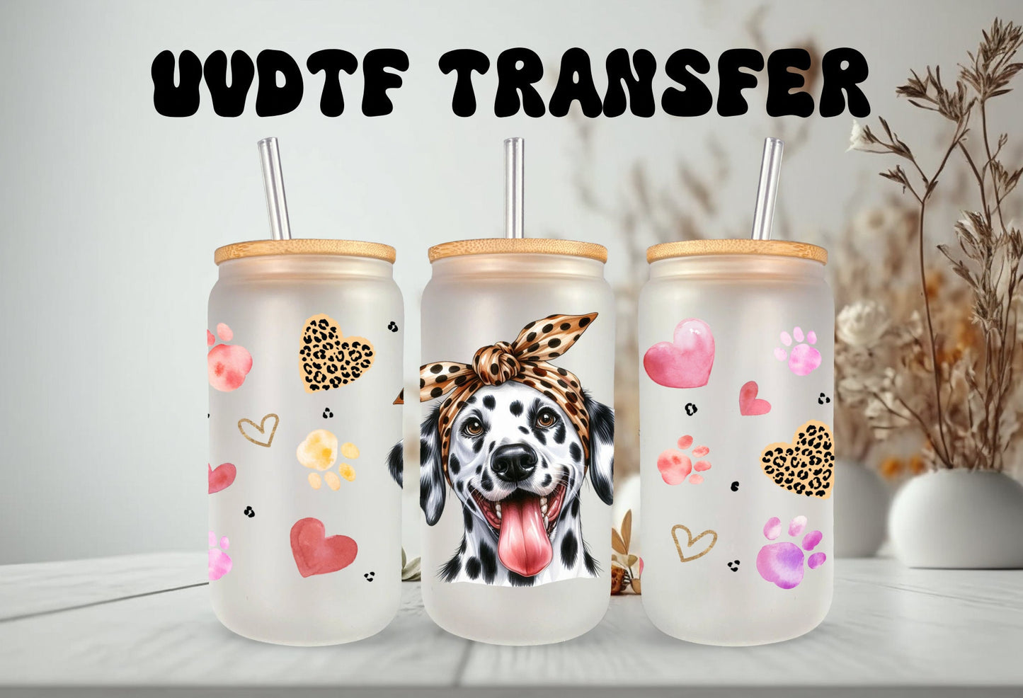 UVDTF Wrap Cute Dalmatian 16oz Can Glass Wrap  Mug Tumbler, Dog Mom, Ready to apply, Permanent Adhesive Waterproof, Add on a Cup