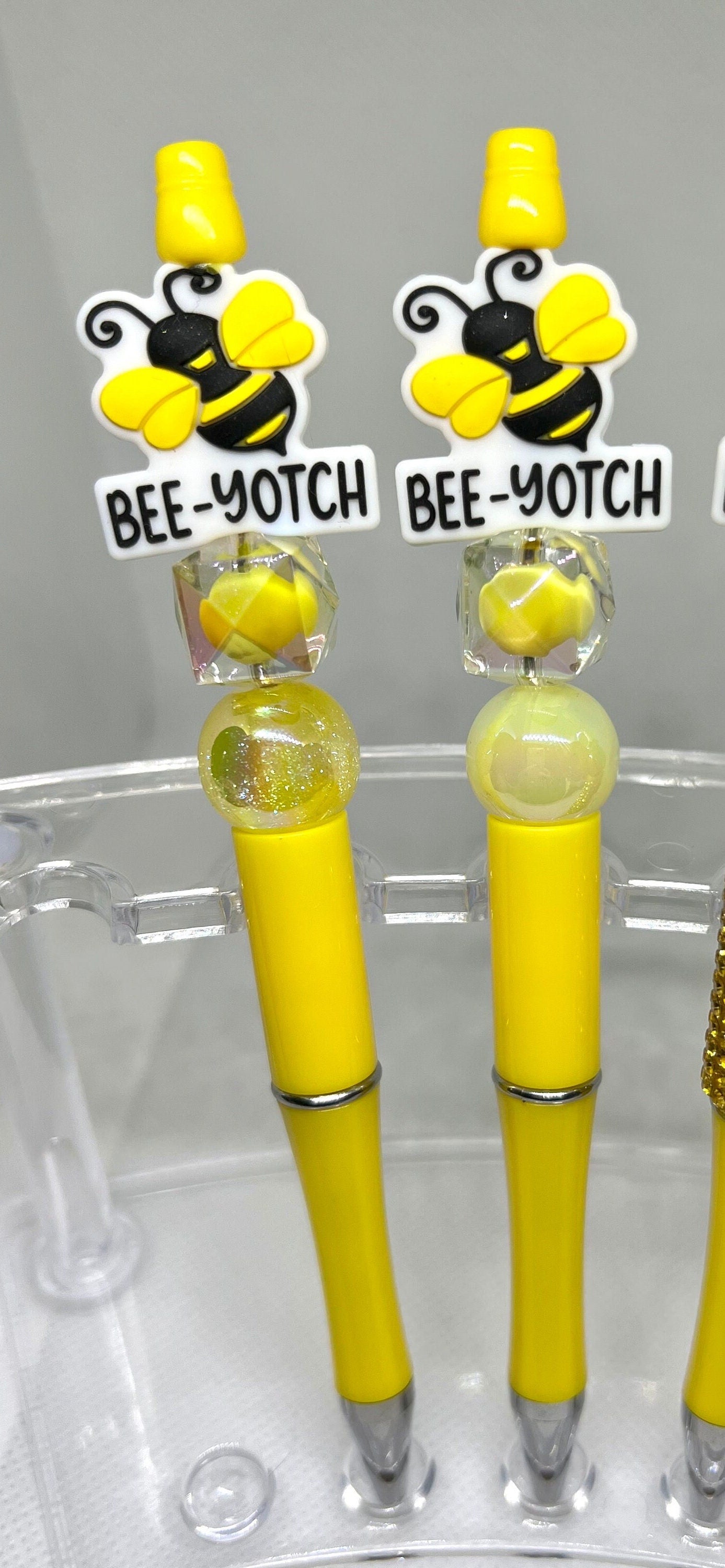 Bee-yotch Bee Yellow Beaded Pen, Fun Pens Acrylic Beads, Custom Pen, Retractable Ink Pen, Gifts