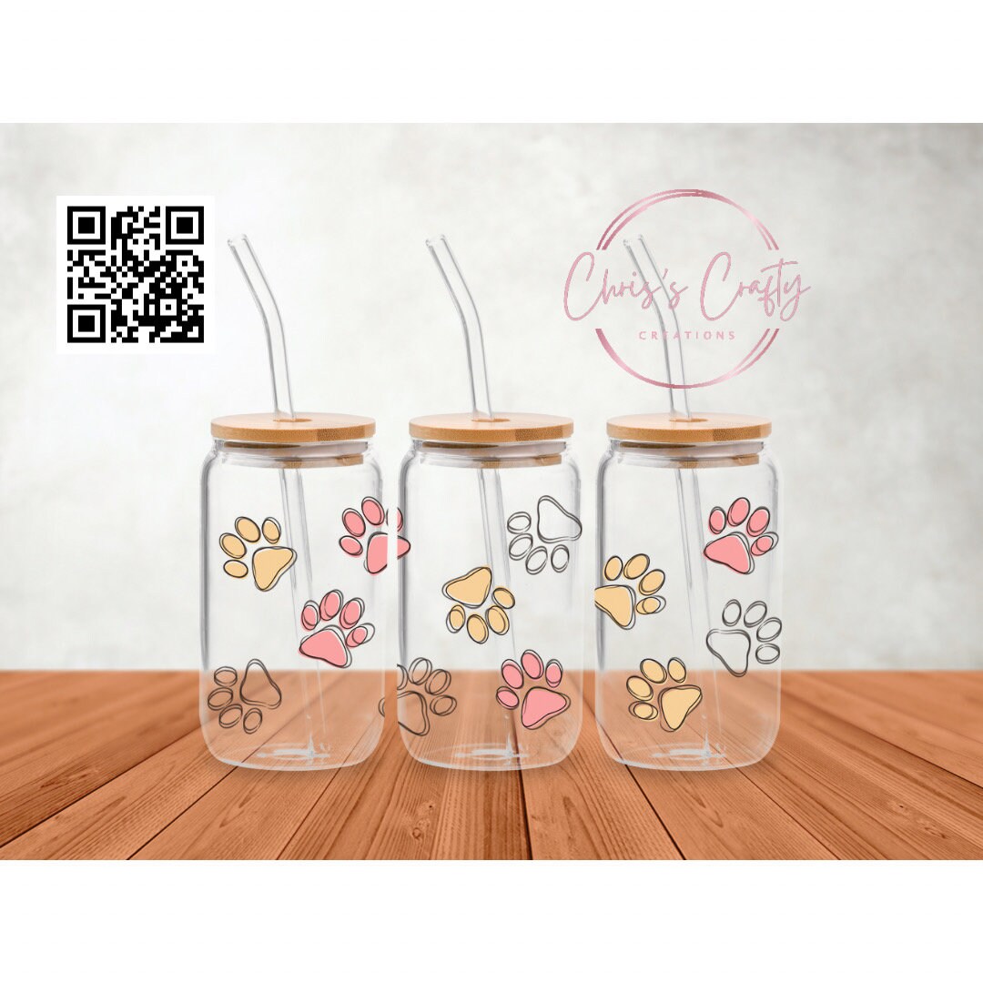 UVDTF Wrap Dog Animal Paws 16oz Can Glass Mug Tumbler, Ready to Apply, Permanent Waterproof Adhesive