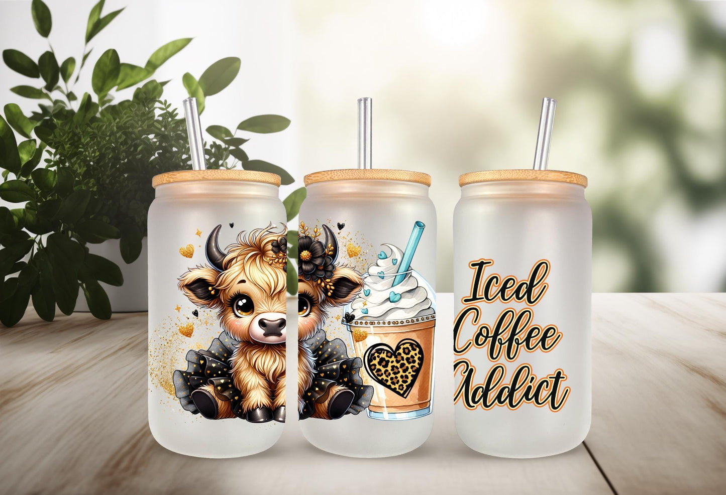 UVDTF Wrap Highland Cow Tutu Coffee Addict Leopard 16oz Can Glass Mug Tumbler Wrap, Ready to apply, Permanent Waterproof Adhesive