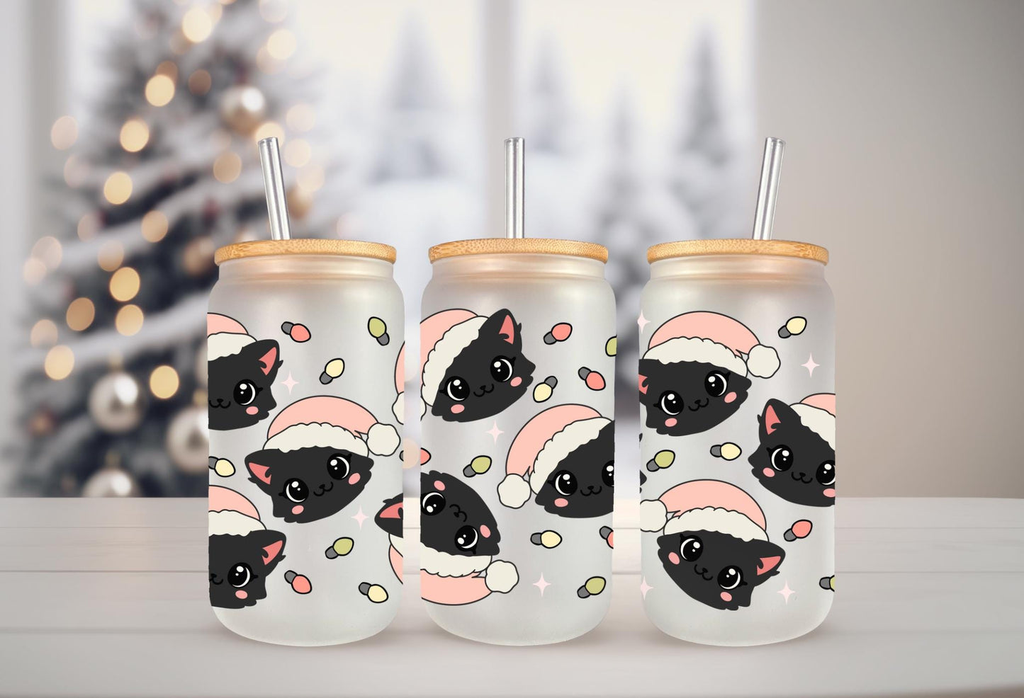 UVDTF Wrap Santa Cat Hat 16oz Can Glass Mug Tumbler, Cat Wrap, Ready to Apply, Waterproof Permanent Adhesive