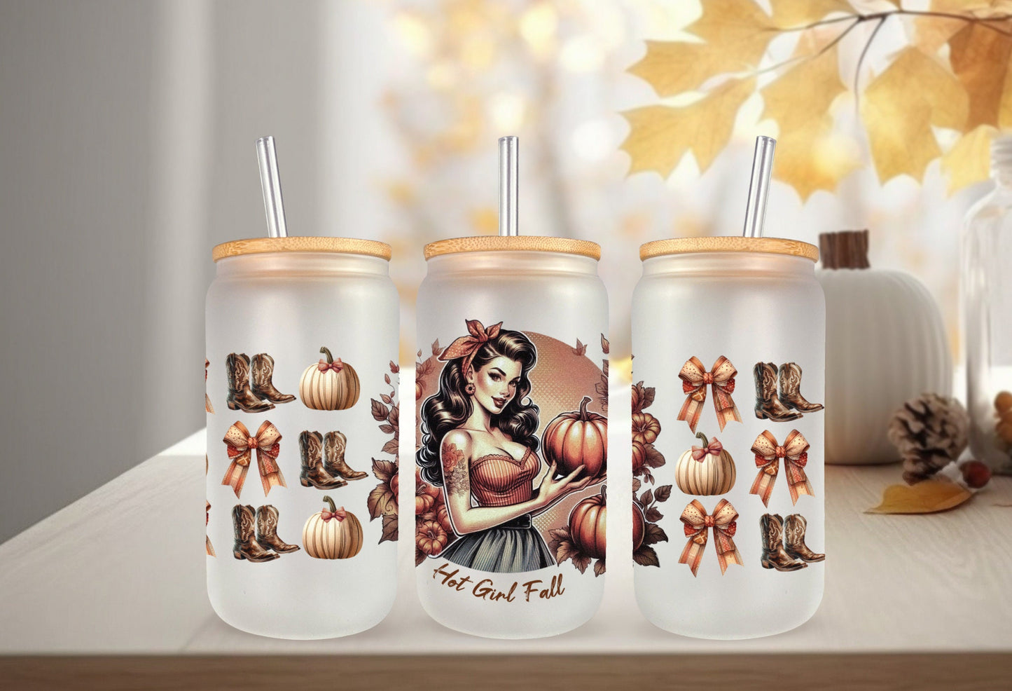 UVDTF Wrap Hot Girl Fall Coquette Bows for 16oz Can Glass Tumbler, Ready to Apply, Permanent Waterproof Adhesive