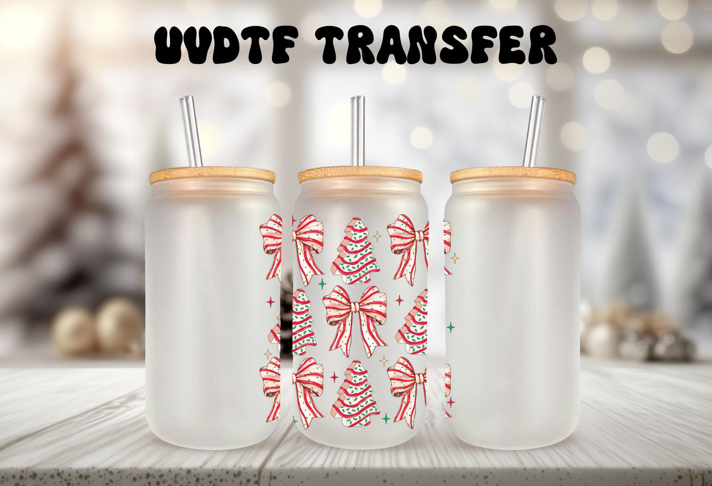 UVDTF Decal Tree Cakes Coquette Bows 16oz Can Glass Mug Tumbler, Ready to apply, Permanent Waterproof Adhesive