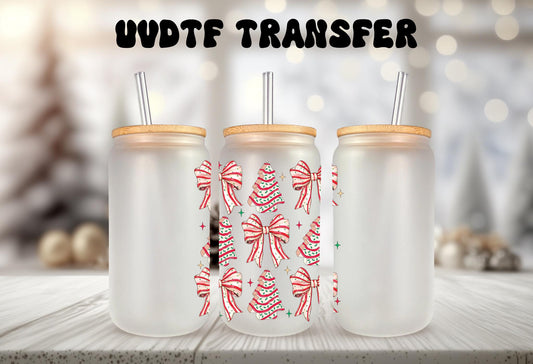 UVDTF Decal Tree Cakes Coquette Bows 16oz Can Glass Mug Tumbler, Ready to apply, Permanent Waterproof Adhesive
