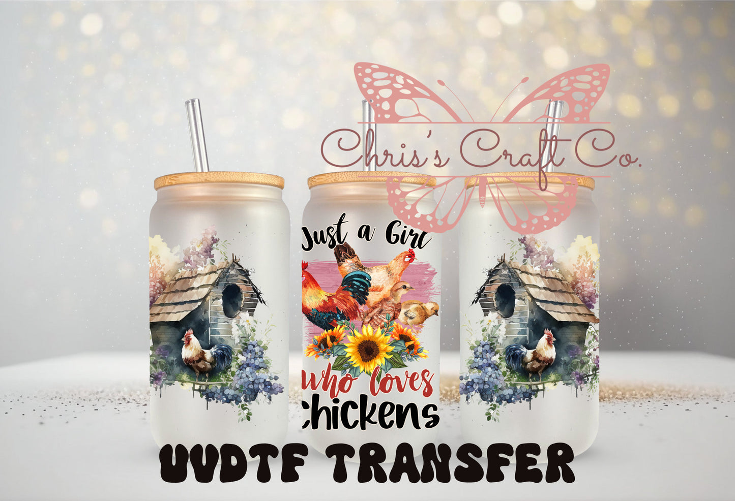 UVDTF Wrap Chickens Just a Girl Who Love 16oz Can Glass Mug Tumbler, Chicken Wrap, Ready to apply, Permanent Adhesive Waterproof