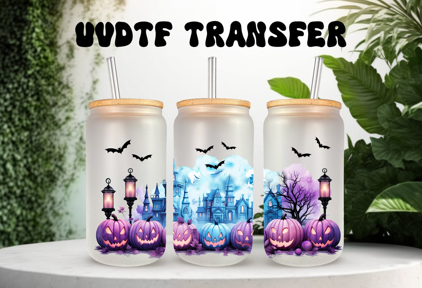 UVDTF Wrap Spooky Bats Pumpkins Haunted House 16 oz Can Glass, Mug, 40 oz Wrap, Ready to apply, Permanent Adhesive, Double sided print