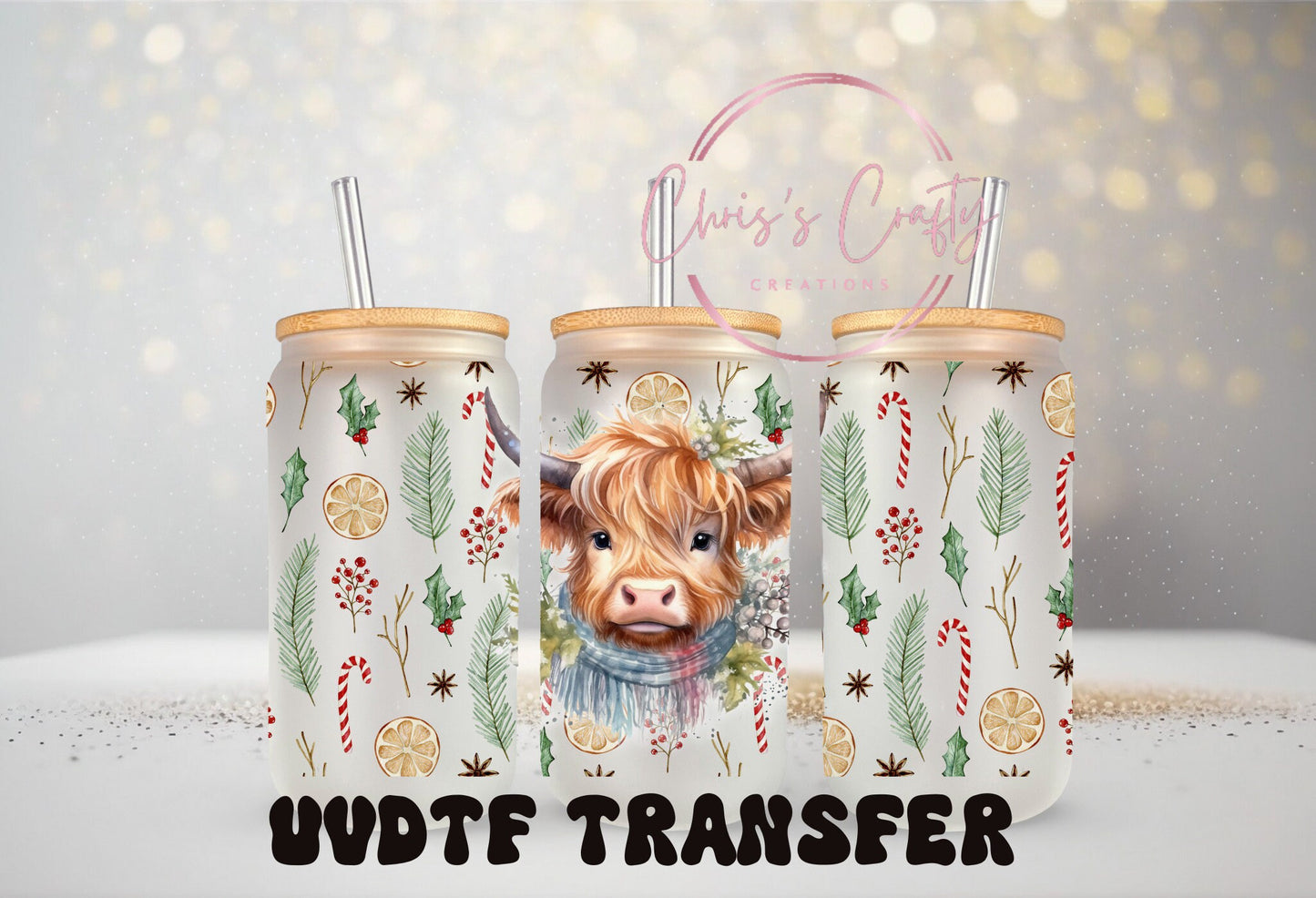 UVDTF Wrap Highland Cow Winter Garland for 16oz Can Glass Mug Tumbler, Ready to Apply, Permanent Waterproof Adhesive