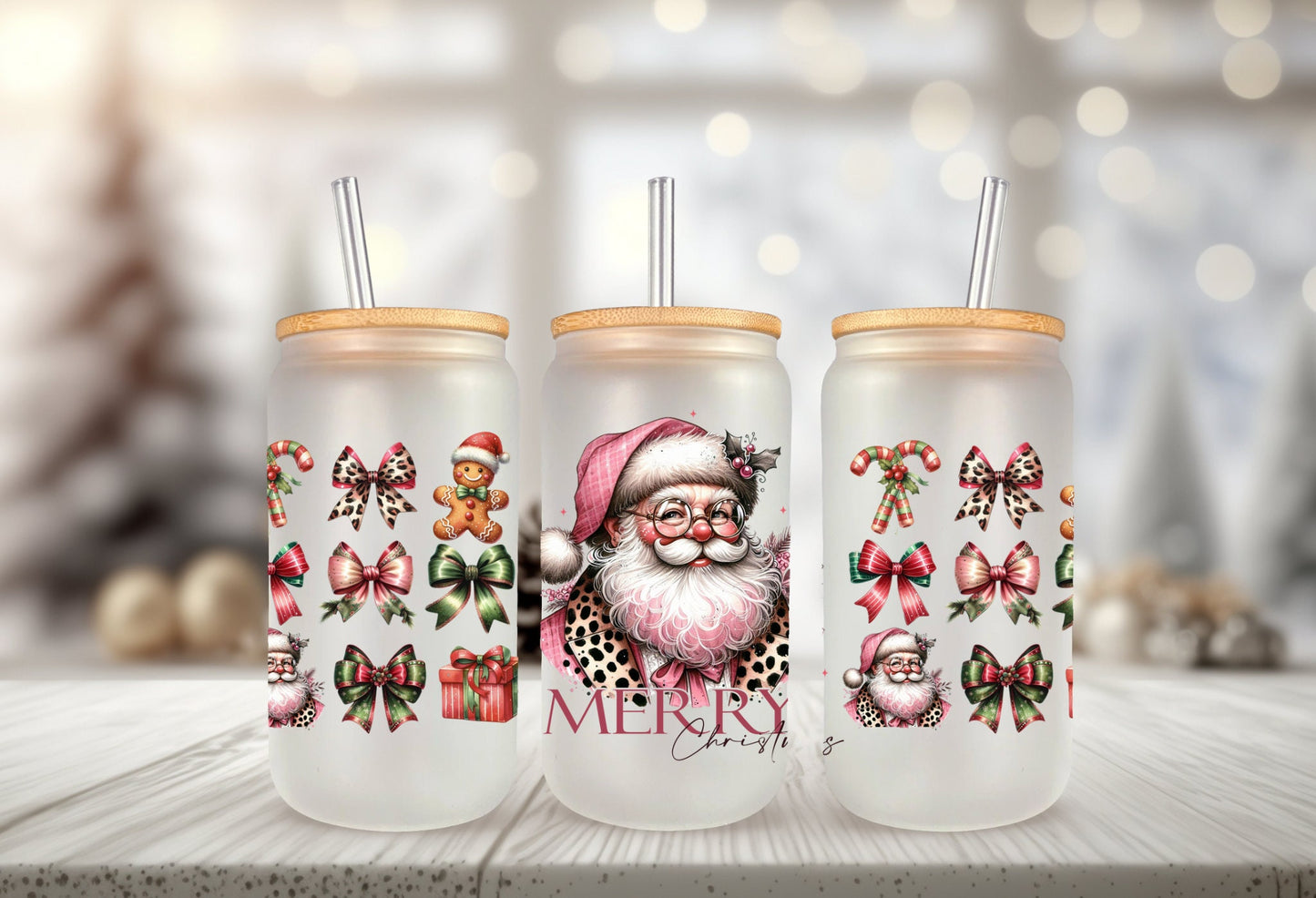 UVDTF Wrap Santa Merry Christmas Coquettes Bows 16oz Can Glass, Mug, Tumbler, Ready to Apply, Permanent Waterproof Adhesive