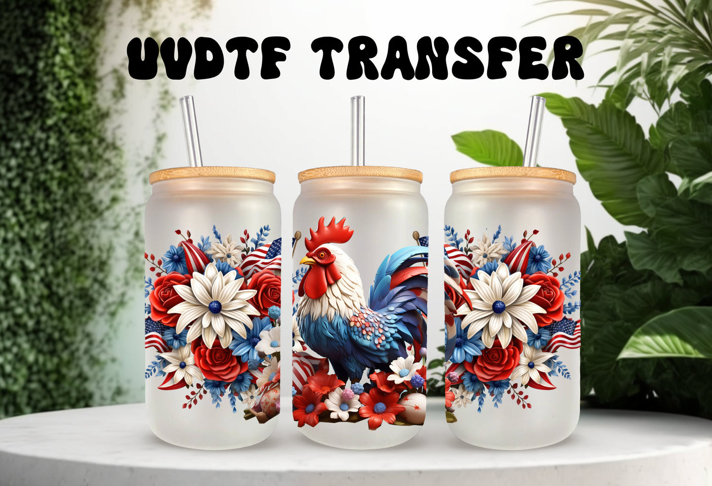 UVDTF Wrap America Chicken for 16 oz Can Glass, Mug, or  Tumbler, Rooster Wrap, Ready to apply, Permanent Adhesive Waterproof, Apply to cup
