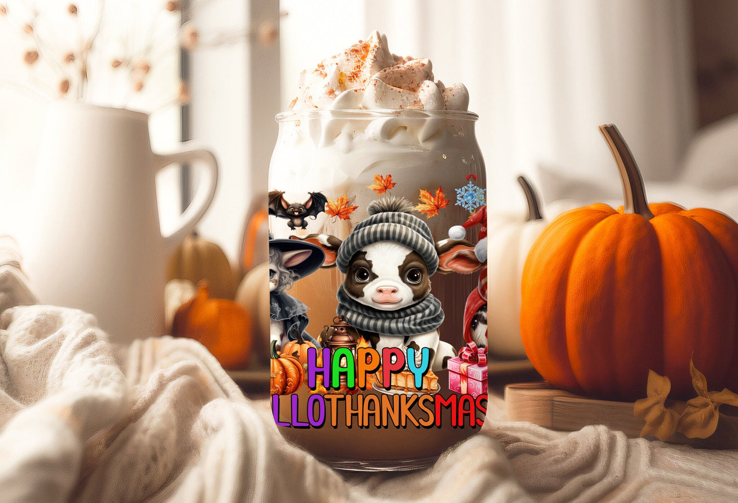 UVDTF Wrap Cows Happy Hallothankmas 16oz Can Glass Mug Tumbler, Ready to Apply, Permanent Waterproof Adhesive