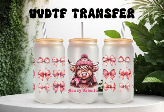 UVDTF Wrap Highland Cow Valentine Howdy 16oz Can Glass Mug Tumbler, Ready to Apply, Permanent Waterproof Adhesive