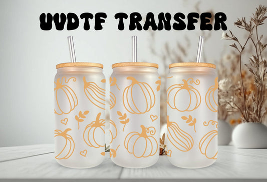 UVDTF Wrap Fall Pumpkin Gourd 16oz Can Glass, Mug, Tumbler, Double Sided Print Option, Ready to Apply, Permanent Adhesive
