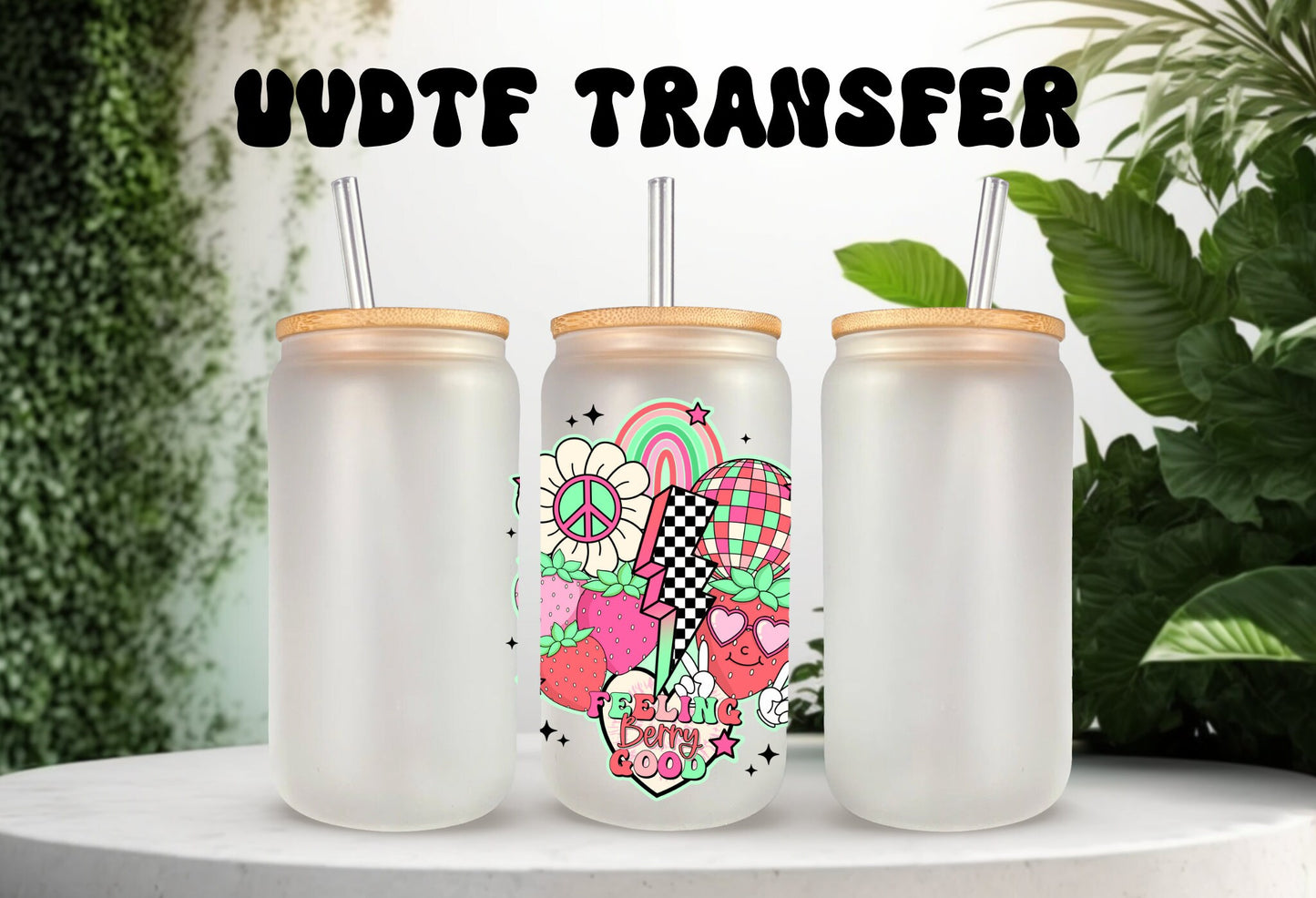 UVDTF Decal Feeling Berry Good Collage 16oz Can Glass Mug Tumbler, Ready to Apply, Permanent Waterproof Adhesive, add on a cup
