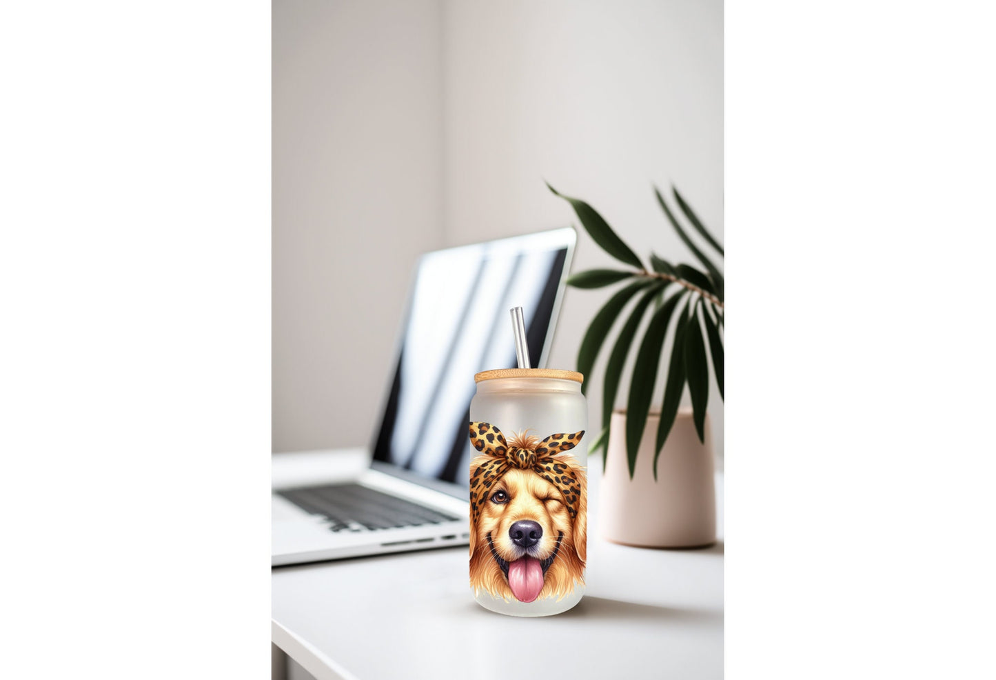 UVDTF Wrap Cute Golden Retriever Leopard Bandana for 16oz can glass Mug Tumbler, Ready to apply, Permanent Waterproof Adhesive, Double Sided option