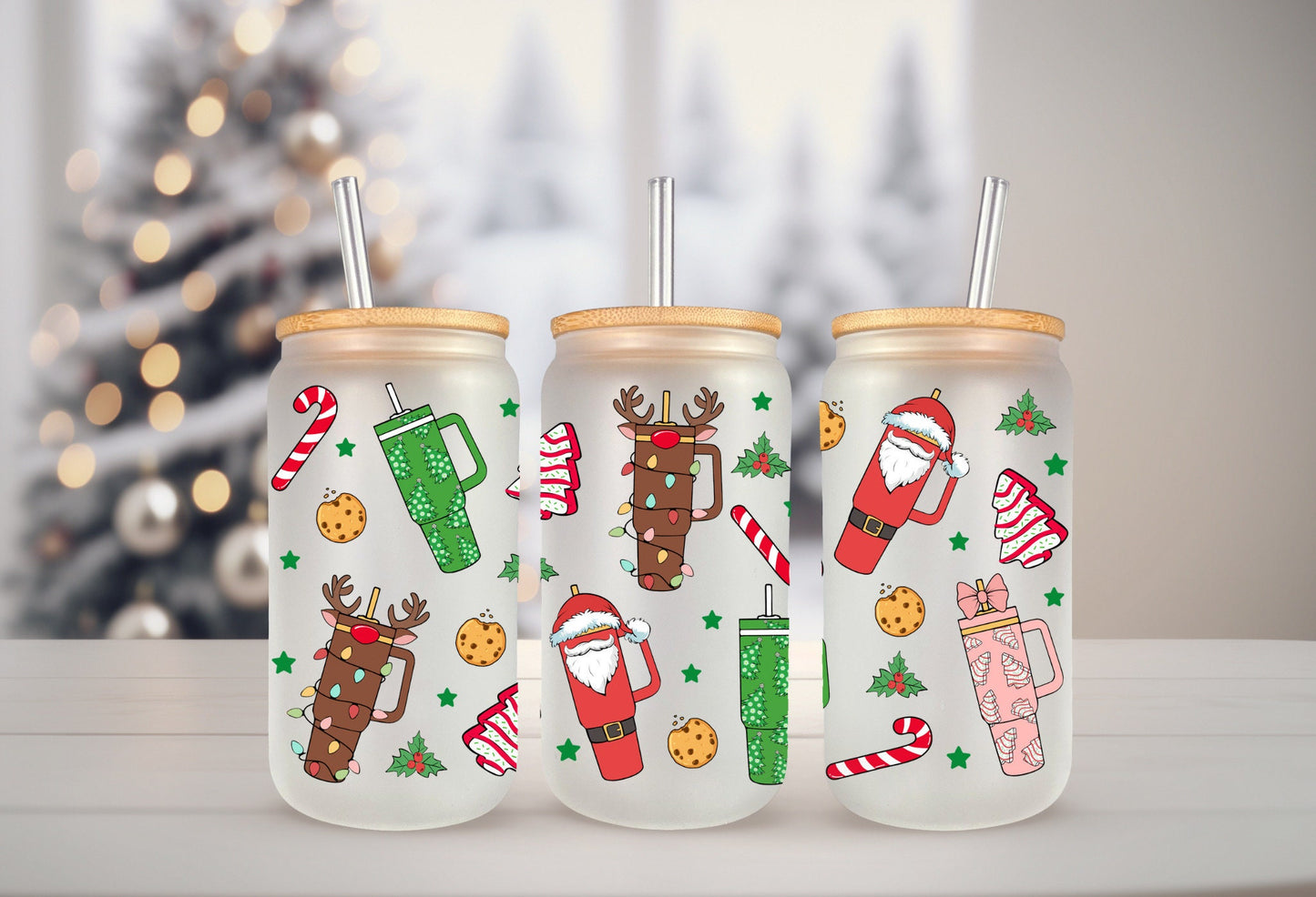 UVDTF Wrap Christmas Tumblers Santa Reindeer Tree Cakes for 16oz Can Glass Mug Tumbler, Ready to apply, Permanent Waterproof Adhesive
