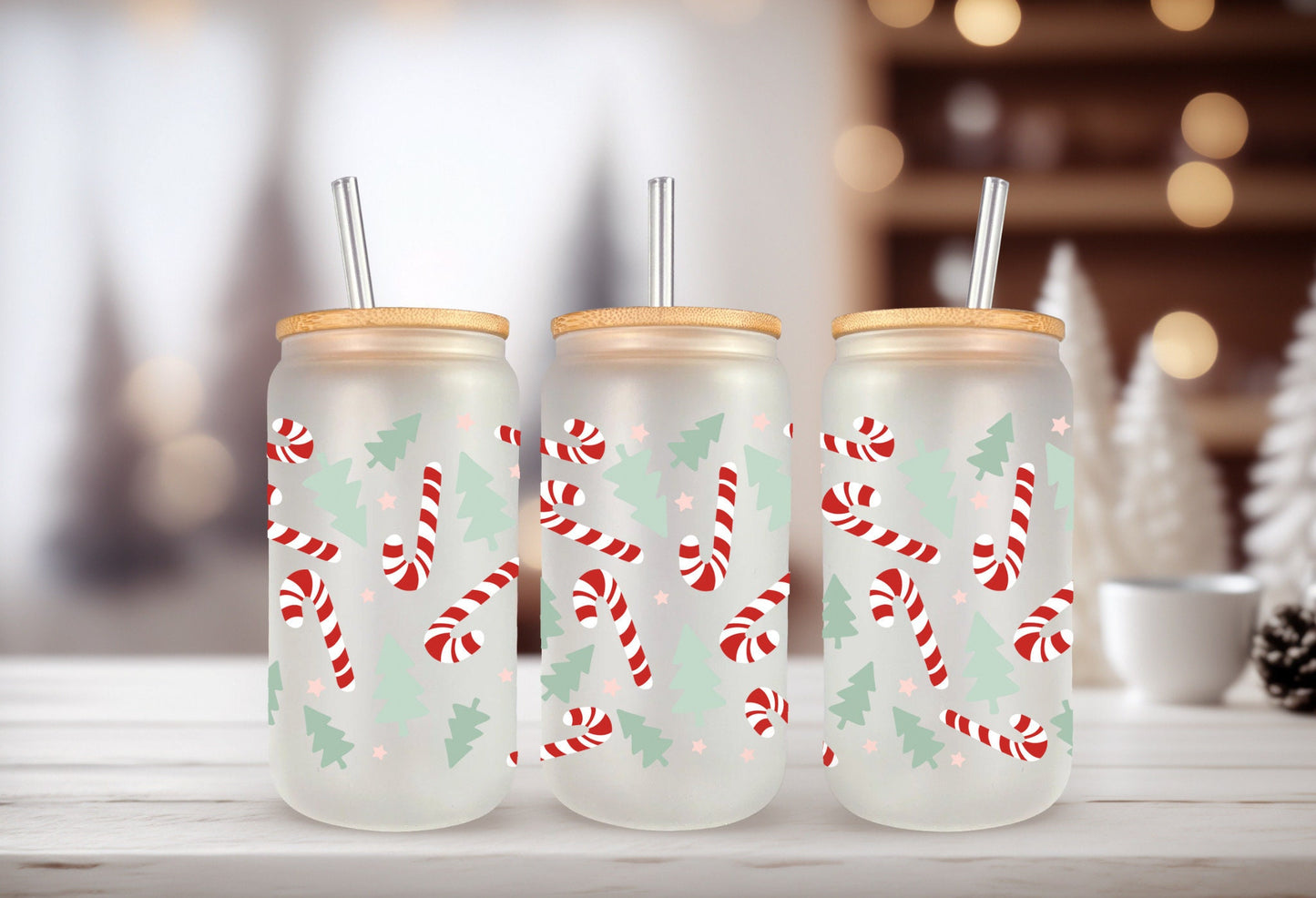 UVDTF Wrap Christmas Candy Canes Trees 16oz Can Glass Mug Tumbler, Ready to apply, Waterproof Permanent Adhesive