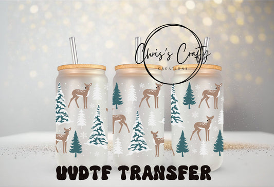 UVDTF WRAP Reindeer Trees Winter Snow 16oz Can Glass Mug Tumbler, Ready to apply, Waterproof Permanent Adhesive