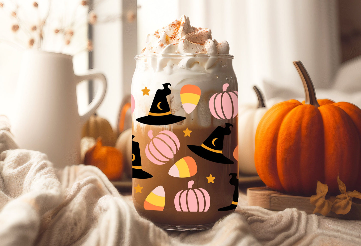 UVDTF Wrap Witches Hat Pumpkin Candy Corn Halloween 16oz Can Glass, Mug, Tumbler, Ready to apply, Permanent Waterproof Adhesive