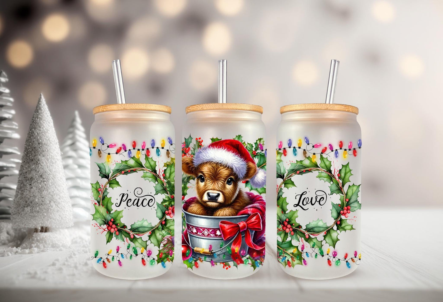 UVDTF Wrap Highland Cow Peace Love 16oz Can Glass Mug Tumbler, Ready to Apply, Permanent Waterproof Adhesive